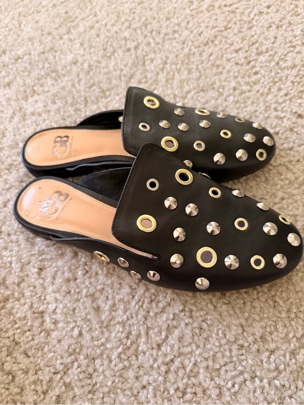 GG Collection Black Slip-On Mules with Mixed Metal Studs